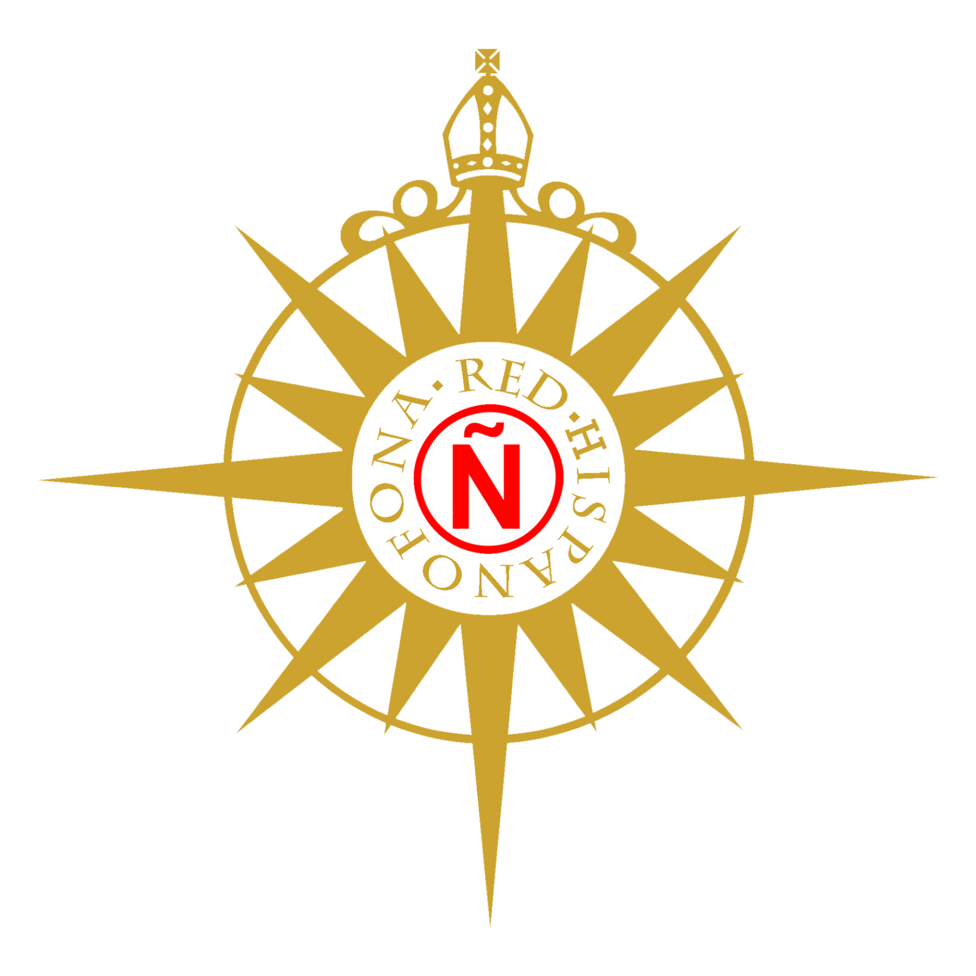 Anglican Communion compass rose - gold compass with mitred bishop above and central Greek letter N